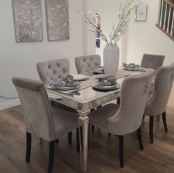Mirrored Dining Table with 6 Grey chairs Z gallerie glam modern lamp plus