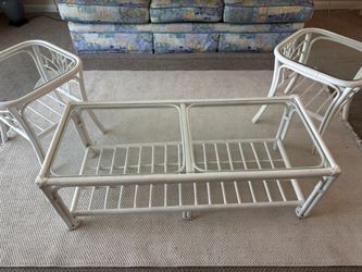 Complete 3-Piece Vintage White Rattan Living Room Table Set