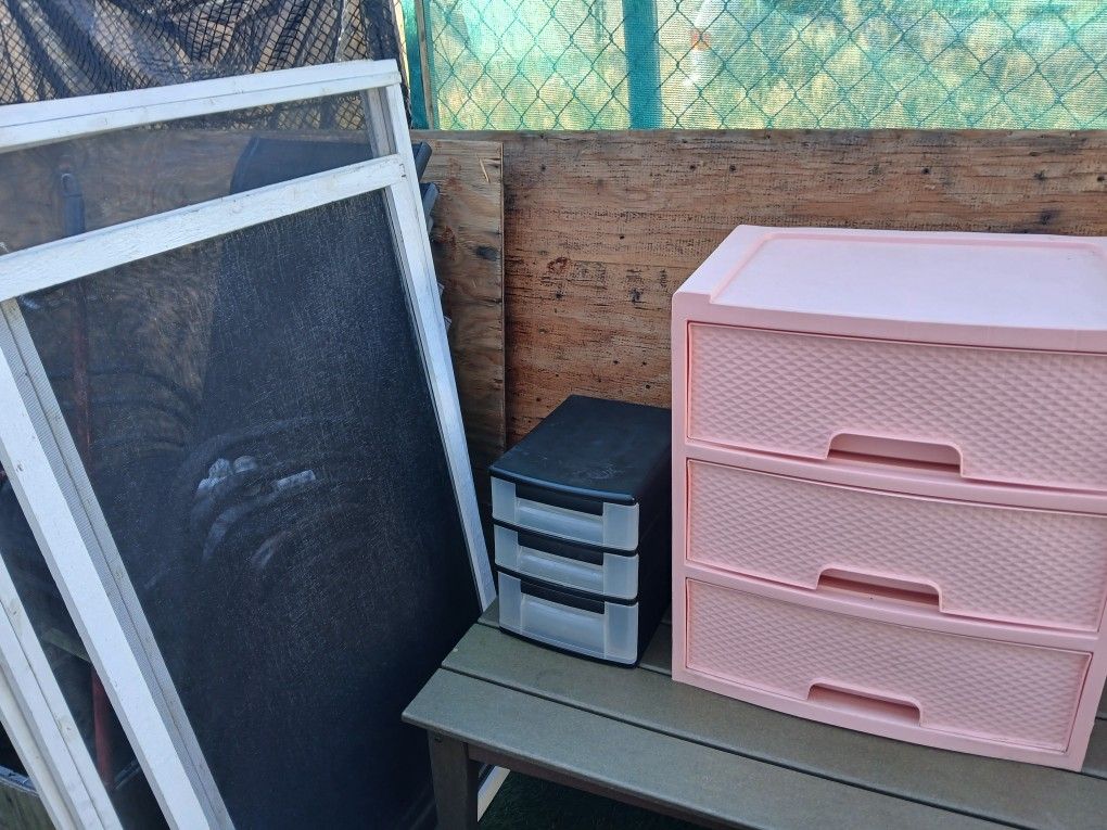 1 Patio Table, 1 Multipurpose Glass Desk, 2 Grills, 2 Storage Bins