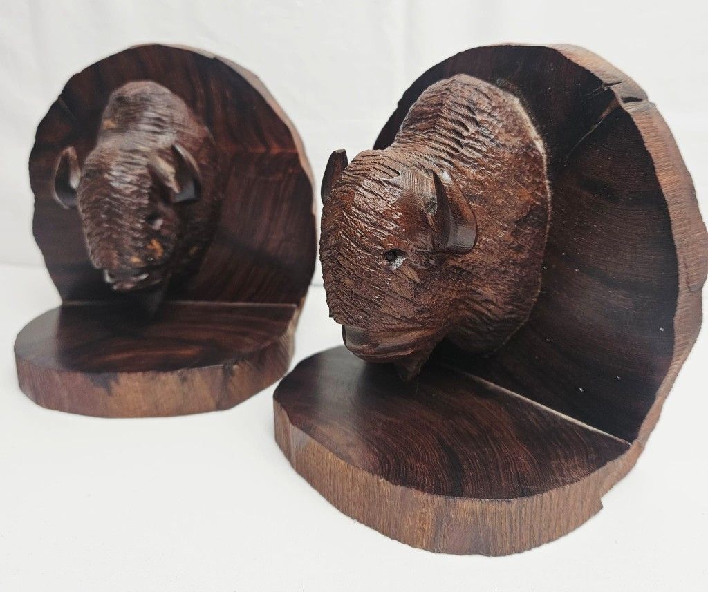 Carved Buffalo Head 5" Handcrafted wood Bookends 2 Piece Set