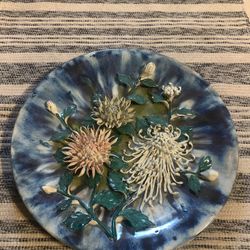 Antique? Ceramic Floral 3D Plate 17” Some Slight Flower Petal Damage