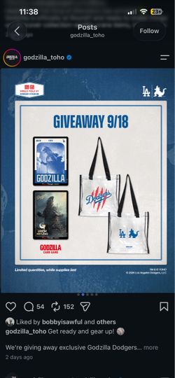 Dodgers Godzilla Giveaway Cards & Bag from  9/18
