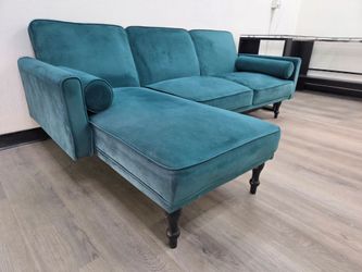 Modern Teal Velvet Convertible Futon Sofa Bed with Chaise Lounge Sleeper Couch