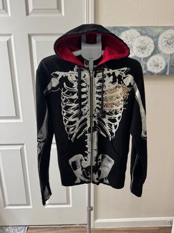Ed Hardy Skeleton Rhinestone Full Zip Hoodie Black Y2K Mens Size S Vintage