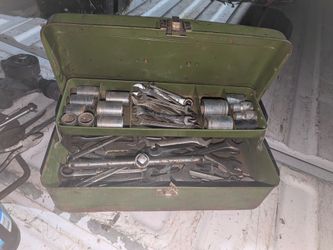 SMALL METAL TOOL BOX FULL OF WRENCHES & SOCKETS