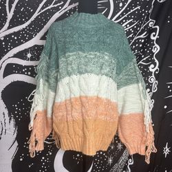 Women’s Oversized Color Block Striped Tassels Fringe Cable Knit Pullover 