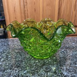 Vintage 1960’s  Tiffin Glass Williamsburg Empire Green Ruffled Fruit Bowl.  Size approximately 10 1/2 inches wide and 5 3/4 inches tall.  Preowned.  B