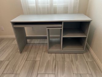 Gray Computer Desk with Shelves and Keyboard Tray