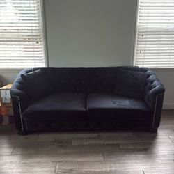 Black Luxury Couch Set With 4 Plush Pillows-Tufted Gorgeous Design!!-Brand New/Unused In Box & Black & Silver Glass Tv Stand With Three  Shelves.