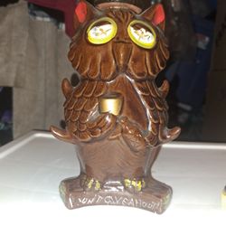 vintage glazed ceramic owl whiskey decanter from the 1970s made in Japan