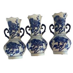 Set of 3 Delft Style COBALT Blue White Double Handle WALL POCKET URN Vase 