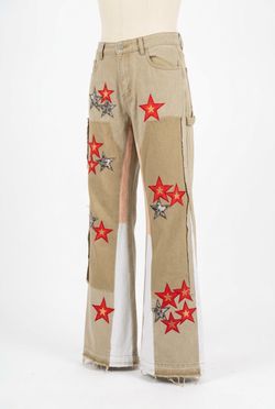 Wide-Leg Khaki Jeans with Star Appliqués