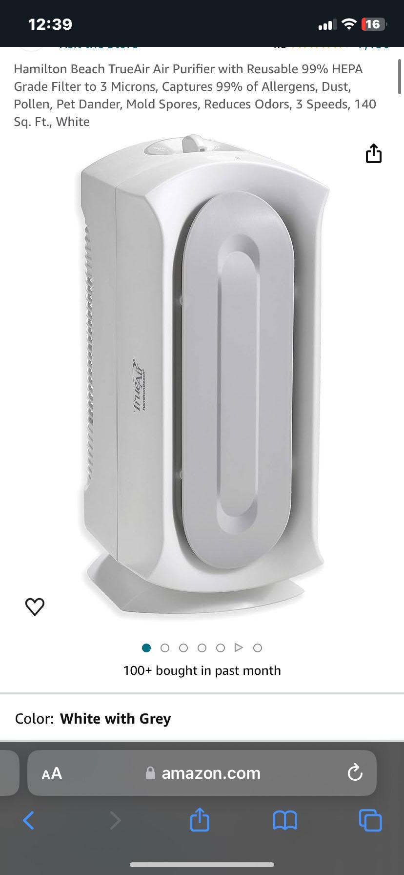 Hamilton Beach TrueAir Air Purifier with Reusable 99% HEPA Grade Filter to 3 Microns, Captures 99% of Allergens, Dust, Pollen, Pet Dander, Mold Spores