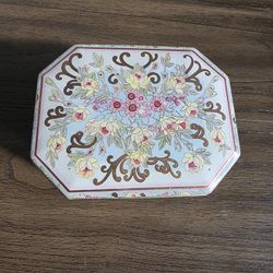 Meister Octagonal Tin Box w/Floral Design 1960's Vtg w/Vtg Platic Drink Coasters