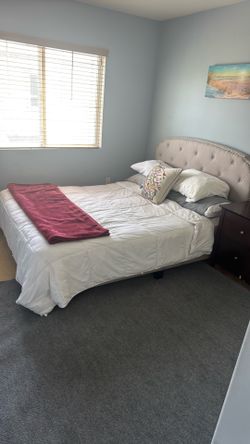 Queen size bed frame, and mattress for$60