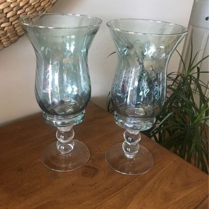 NAUTICAL BEACH 13” TALL HURRICANE IRIDESCENT BLUE GLASS CANDLE HOLDERS VASES