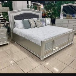 Coralayne Silver Queen Bedroom Set By Ashley 🪩 7 Piece Panel Bed (headboard ,footboard,rails), Dresser, Mirror, 2 Nightstands🪩 Brand New 