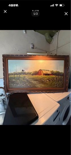 56 by 32 listed artist, beautiful Farmhouse scenery oil on canvas signed