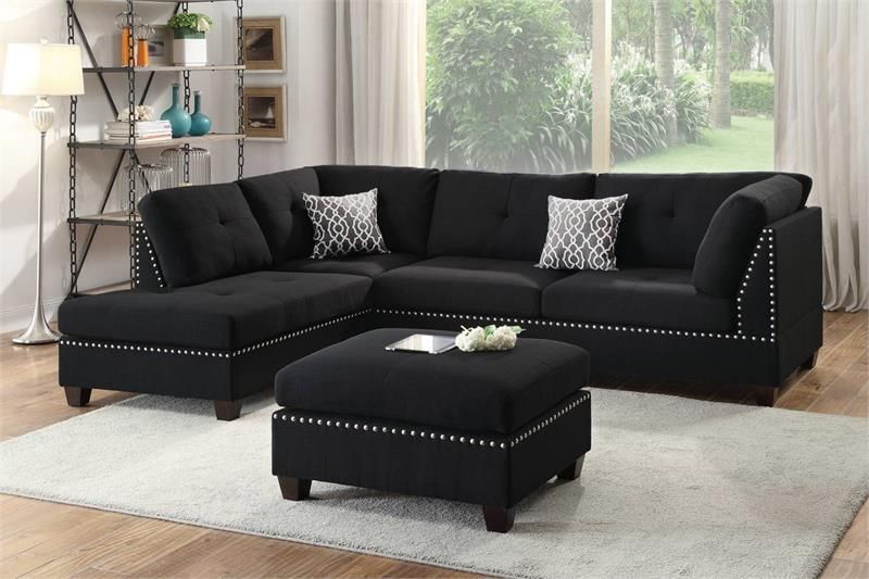 Reversible Sectional Set with Ottoman- Linen-Like Black Color