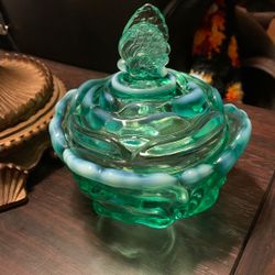 Stunning Fenton Teal Opalescent Cabbage Rose Jar with Butterfly Finial on Lid