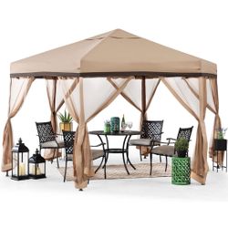 New! 11x11 ft. Pop Up Gazebo, 2-Tone Portable Canopy/Tent, Outdoor Hexagon Steel Frame Soft Top Gazebo, Mesh Sidewalls and Carry Bag, Tan & Brown