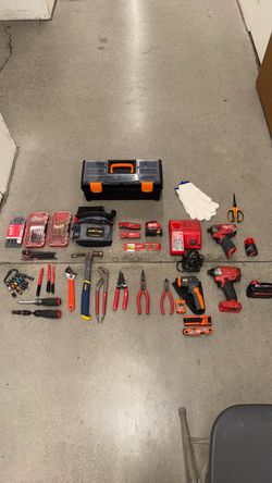 Milwaukee Tool Bundle - 2 Impact Drivers, Battery, Charger, Klein IR Thermometer + Hand Tools