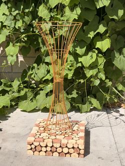 Gold Metal Wire Trumpet Shaped Flower Centerpiece Stand, Hourglass Open Frame Reversible Pedestal Prop 48" Tall