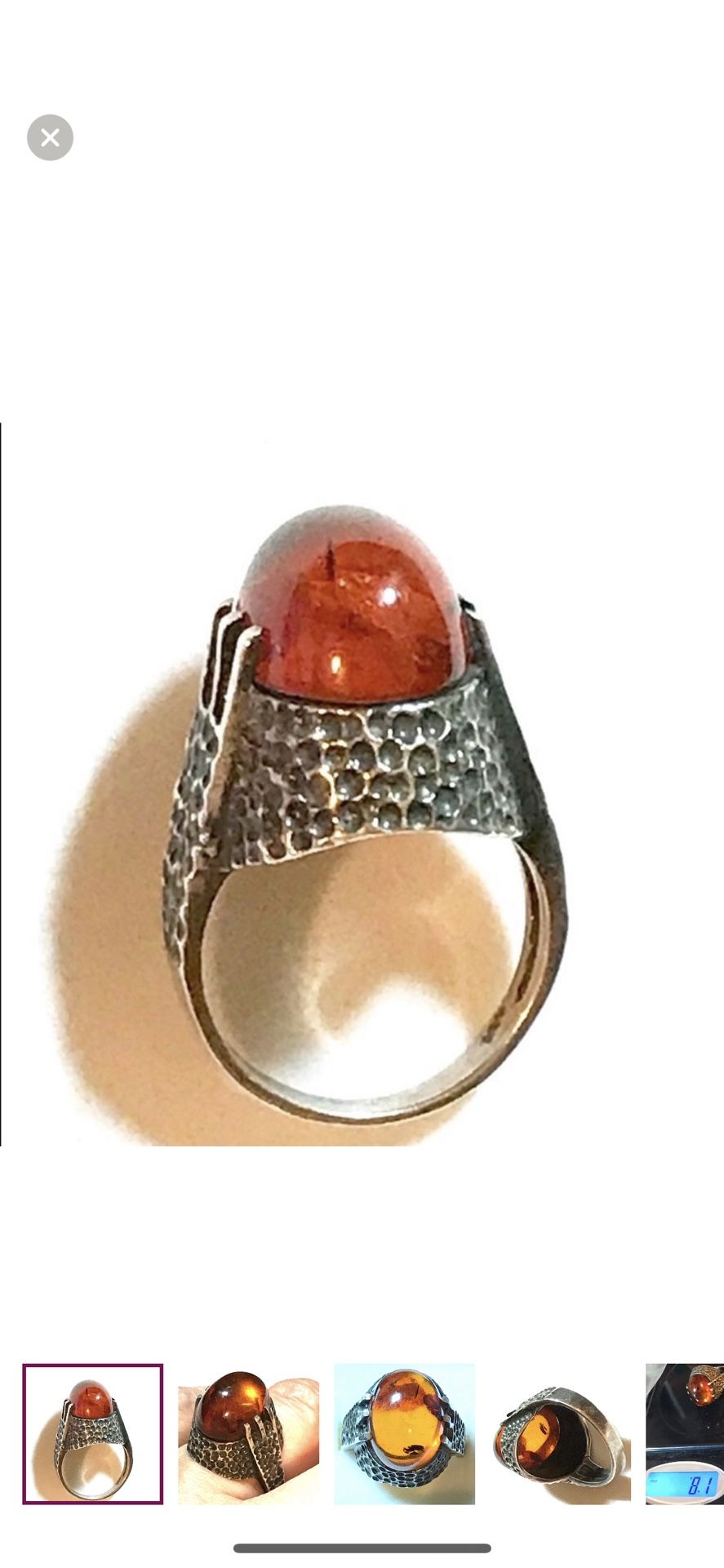 Sterling Hammered Amber Ring Sz 8