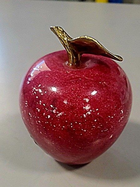 Vintage Red Polish Marble Paperweight , Apple Shape with Brass Stem & Leaf