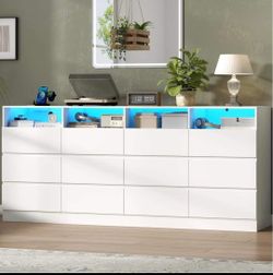 12-Cell Divided Drawers White Dresser with Charging Station & Led Lights for Bedroom, Long 63" Wide Dresser TV Stand for TVs up to 75", Large Dressers
