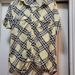 Yellow, Black, and White Plaid Front Tie Collared Shirt - 2X
