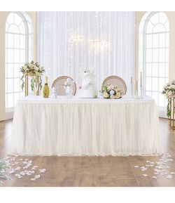 167in Ivory Tulle Table Skirts for Rectangle Tables 6/8ft, 2 Layer Gold Grim Ruffle Cream Tulle Tutu Table Skirt 14ft Decor Wedding Birthday Party Bab