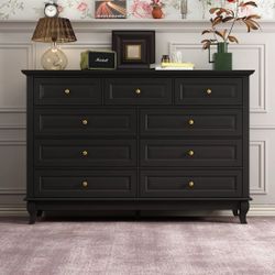 9-Drawer Black Wood Dresser Bedroom Storage Cabinet Modern Style 37 in. H x 55.1 in. W x 15.7 in. D