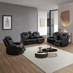 Black Breathing Leather 3-Piece Living Room Recliner Sofa Set