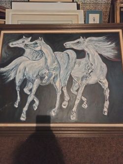 Vintage oil painting 3 white horses