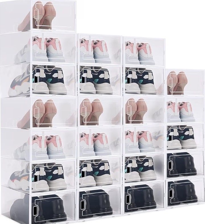 Secret Space 24 Pack X Large Shoe Organizer Storage Boxes for Closet, Modular Space Saving Shoe Boxes Clear Plastic Stackable Sneaker Containers Displ