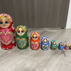 Hand Painted Wood Russian Nesting Dolls, Set Of 9