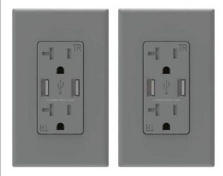 ELEGRP 4 Amp USB Dual Type A In-Wall Charger with 20 Amp Duplex Tamper Resistant Outlet, Wall Plate Included, Gray (2-Pack)