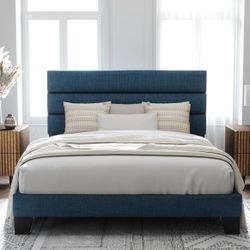 Full/Queen Platform Bed Frame Upholstered Fabric With Wooden Slats 