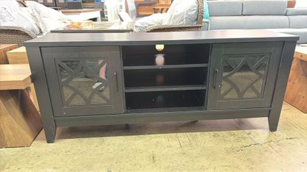 New assembled Classic Media Entertainment Center w/Glass Door Cabinets & 4 Adjustable Shelves, Modern TV Console Table w/ 3 Cable Holes for Living Roo