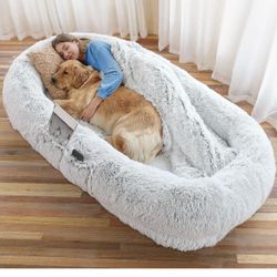 Human Dog Bed - 71"x45"x12" Fits You & Pets, Washable Faux Fur, Orthopedic, Plump Pillow, Blanket, Strap - Grey