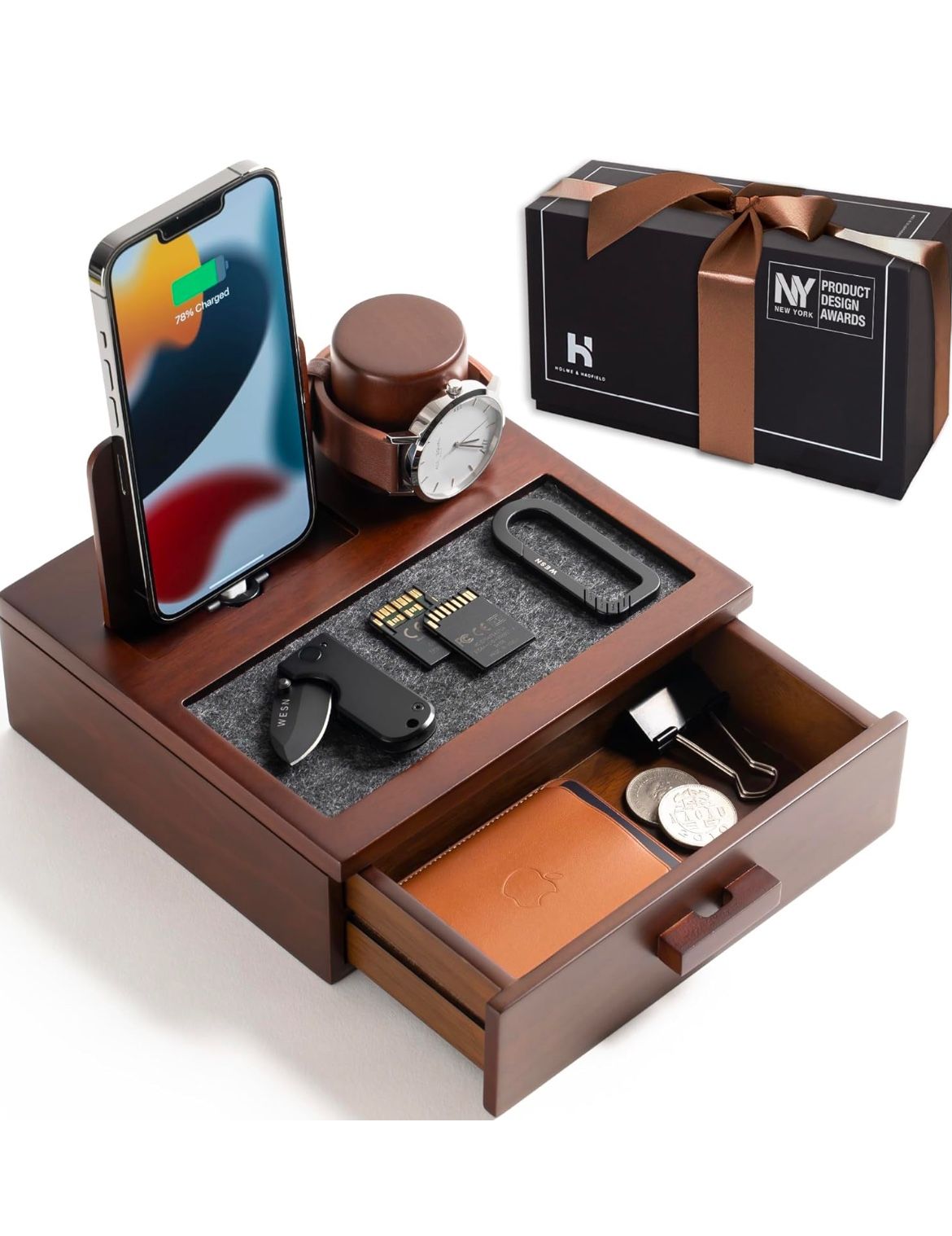 Holme & Hadfield Premium Wooden Phone Docking Station with Drawer – Nightstand Organizer for Charging Phone – Declutter Your Space with Felt-Lined Pro