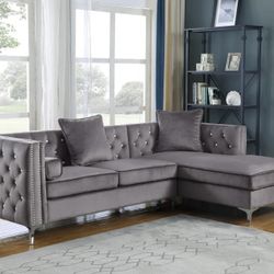 GLAM CHESTERFIELD INSPO GRAY VELVET FABRIC SECTIONAL SOFA RIGHT ARM FACING STORAGE CHAISE LOUNGE - SILLONE SECCIONAL