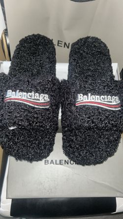Black Fluffy Balenciaga Slides