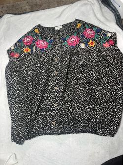 ODDY Black Button-Front Blouse with Pink & Yellow Floral Embroidery
