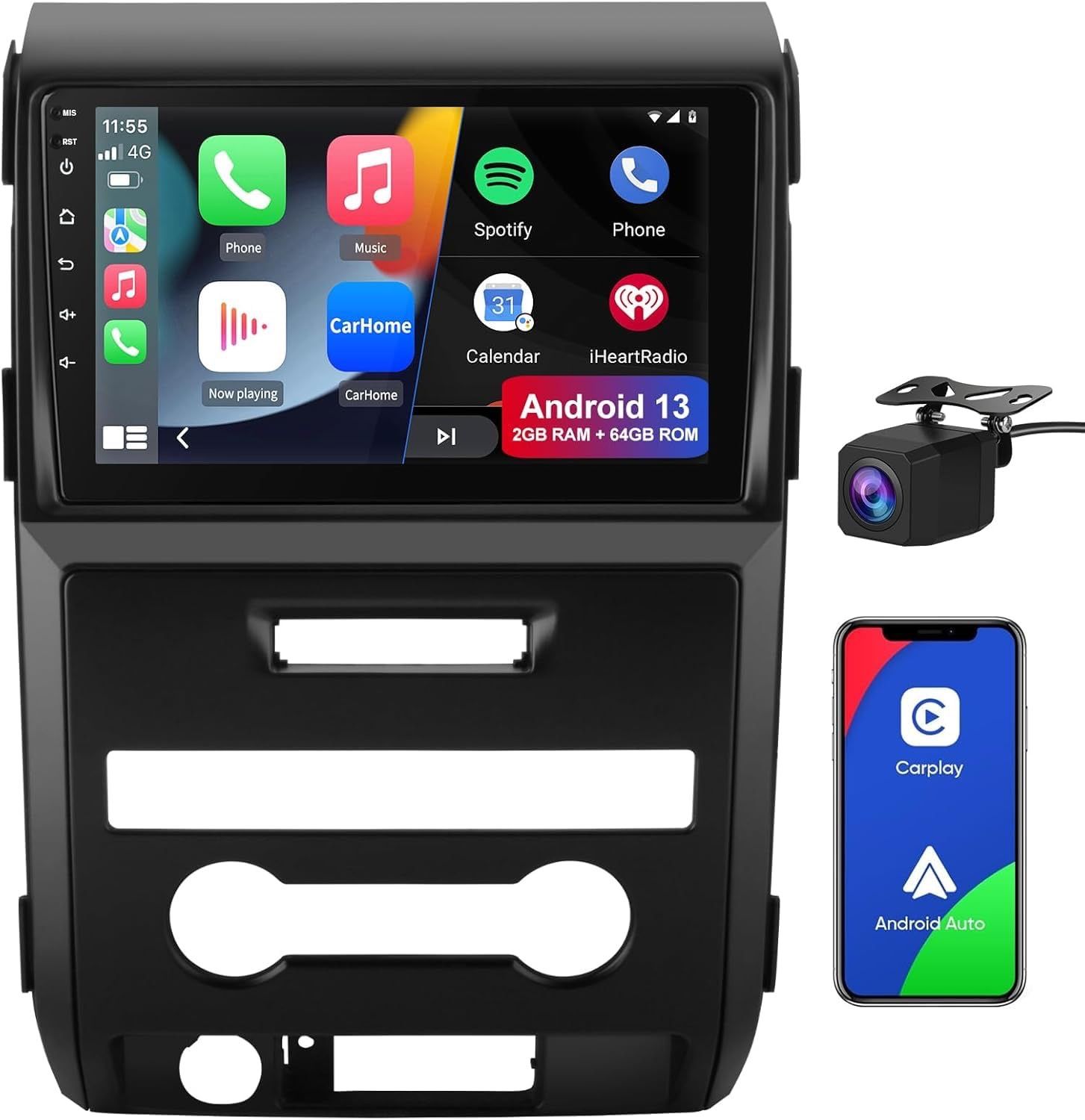 Car Radio Stereo [2G+64G] for Ford F150 F-150 2009 2010 2011 2012, 9 inch Touch Screen Android 13 Head Unit with CarPlay/Android Auto SWC GPS WiFi Bac