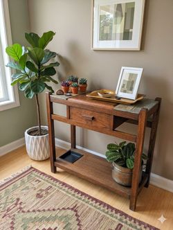 Vintage Mission Style Wood Entry Table/ Accent Table/ Plant Stand with Slate Inlays