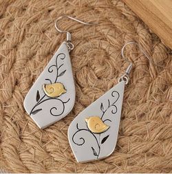 Silver Dangle Earrings with Bird and Vine Design