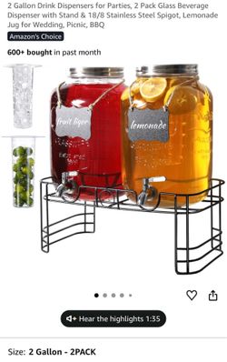 2 Gallon Glass Drinks Dispenser for Parties, 2 PACK Beverage Dispenser with Stand for Juice and Iced Tea, Water Jug Dispenser for Lemonade, Party Esse