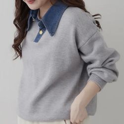 Elegant Women’s Knit Sweater with Denim Collar (Layered Look) -